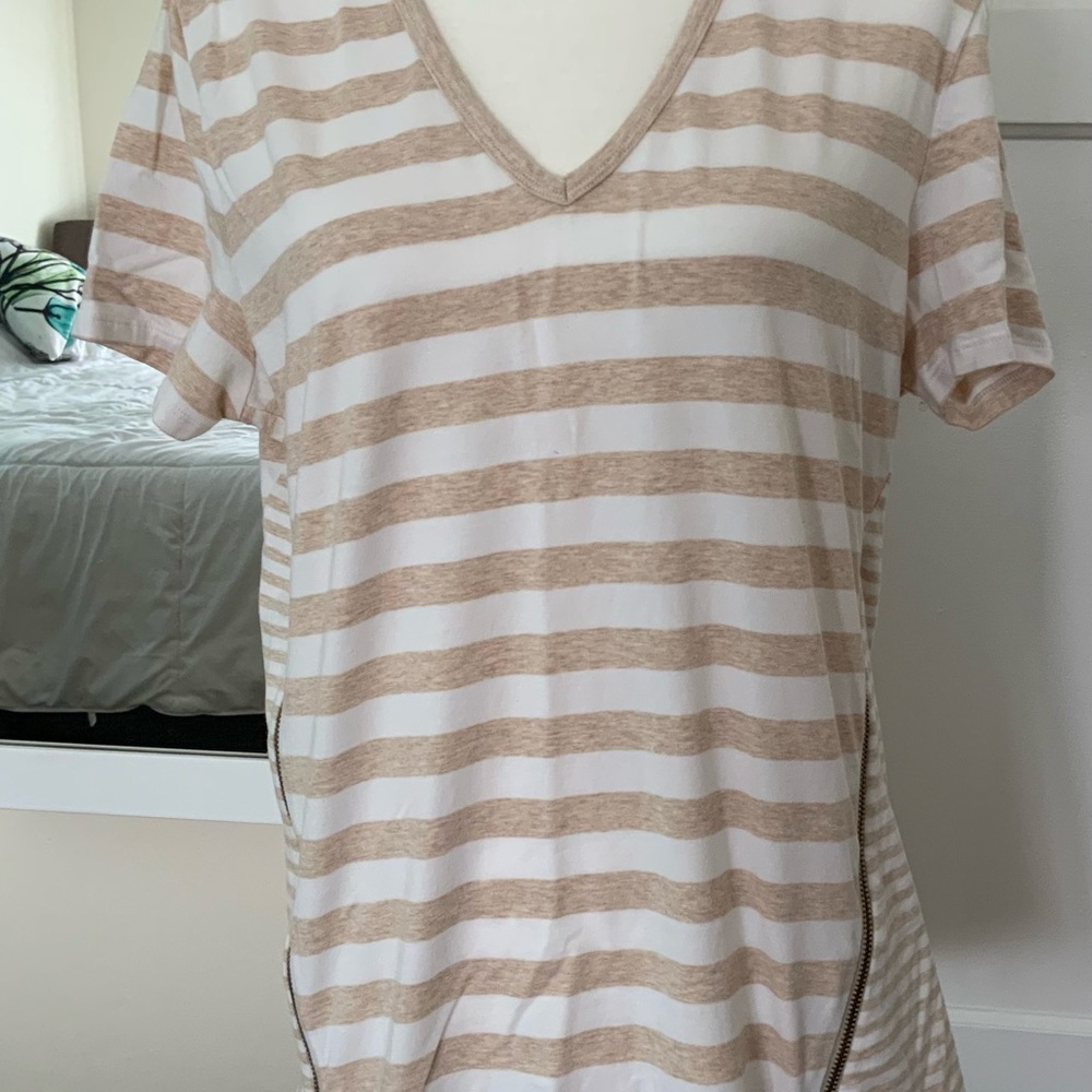 Michael Kors Tan and White Striped V-Neck Tee